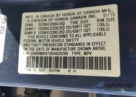 2013 Honda Cr-V Ex-L from USA, damaged, VIN 2HKRM4H73DH634299